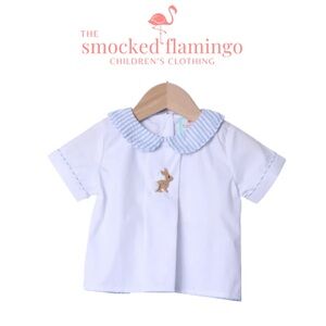 The Smocked Flamingo Hand Embroidered Bunny Blue Seersucker Top